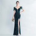 Fishbone ostrich feather tied rope corset velvet bottom high density sequined mermaid evening dress