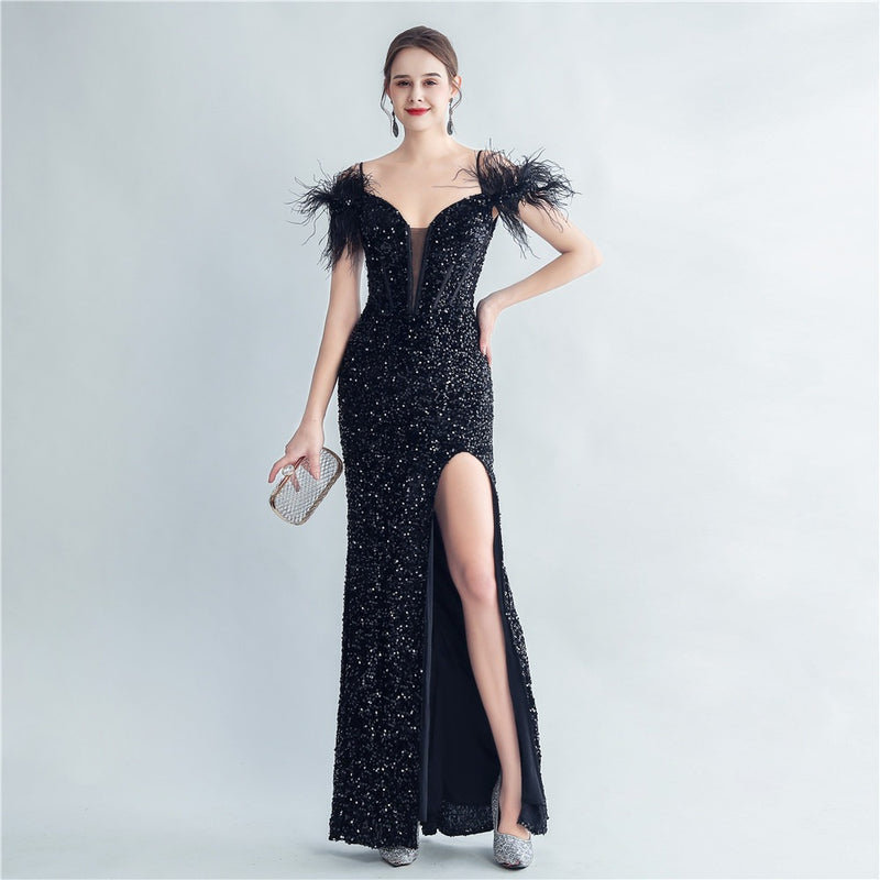 Fishbone ostrich feather tied rope corset velvet bottom high density sequined mermaid evening dress