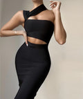 Sexy Oblique Shoulder Midriff Outfit Knee-length Skirt Cocktail Party Dress