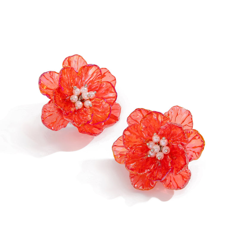 Small fresh and colorful scallop flower earrings with sweet pearl inlay, versatile and versatile