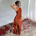 Single shoulder pleated slit sexy satin dress, European and American summer temperament slim fit solid color long skirt