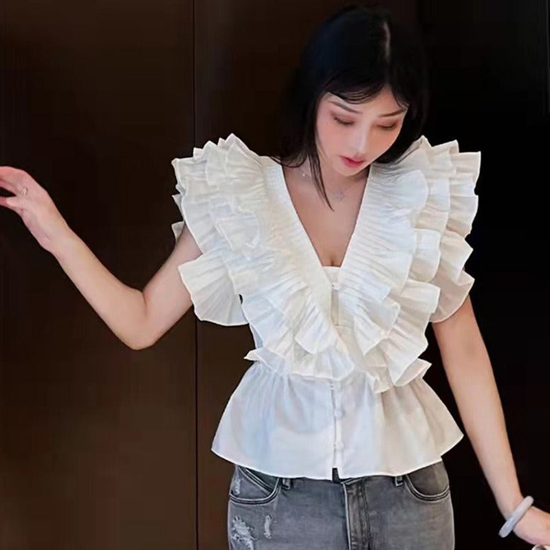 Layered lotus leaf edge fungus solid color casual cute top