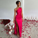 Single shoulder pleated slit sexy satin dress, European and American summer temperament slim fit solid color long skirt