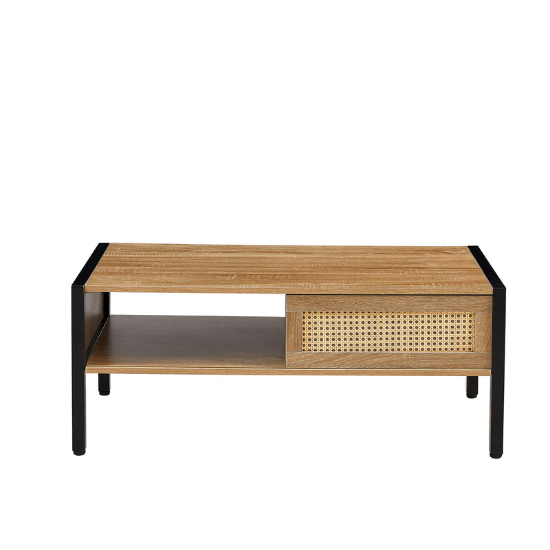 40.16" Rattan Coffee table, sliding door for storage, metal legs, Modern table for living room , natural