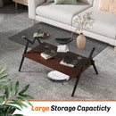 Rectangle Coffee Table with Tempered Glass top and Brown MDF Shelf, Modern Table for Living Room, Gray Glass