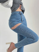 Liviahome American Style Sexy Sexy Ripped Denim Silm Spring High Waist Stretch Feet Pants Pencil Pants