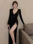 Plus Size Ladies Sexy Fashion Disco Low-Cut Long Sleeve Dress