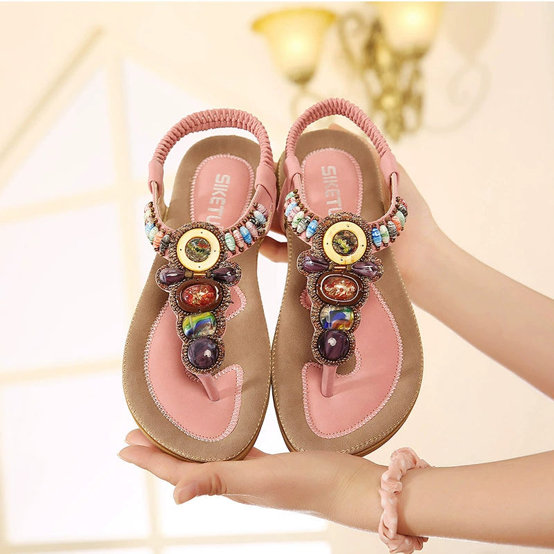 Toe-Clip Beaded Soft Bottom Non Slip Flip-Flops Sandals