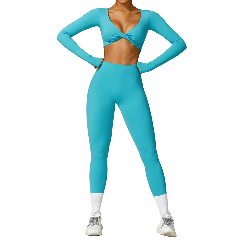 2024 Brushed Long Sleeve Yoga Suit Sexy Outerwear Tight Sports Suit Quick-Drying Running Fitness Clothes Two-piece Set