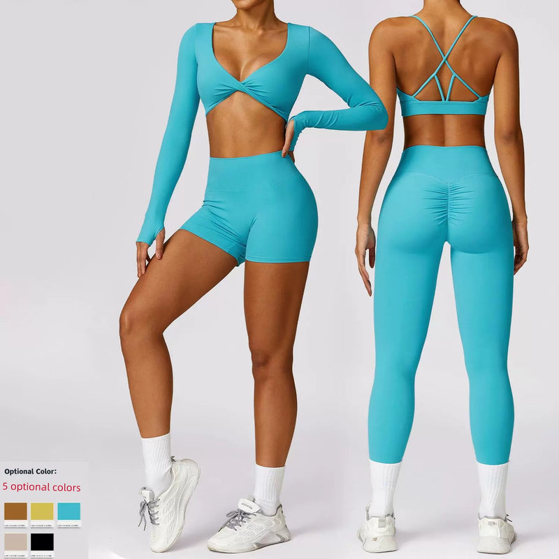 2024 Brushed Long Sleeve Yoga Suit Sexy Outerwear Tight Sports Suit Quick-Drying Running Fitness Clothes Two-piece Set