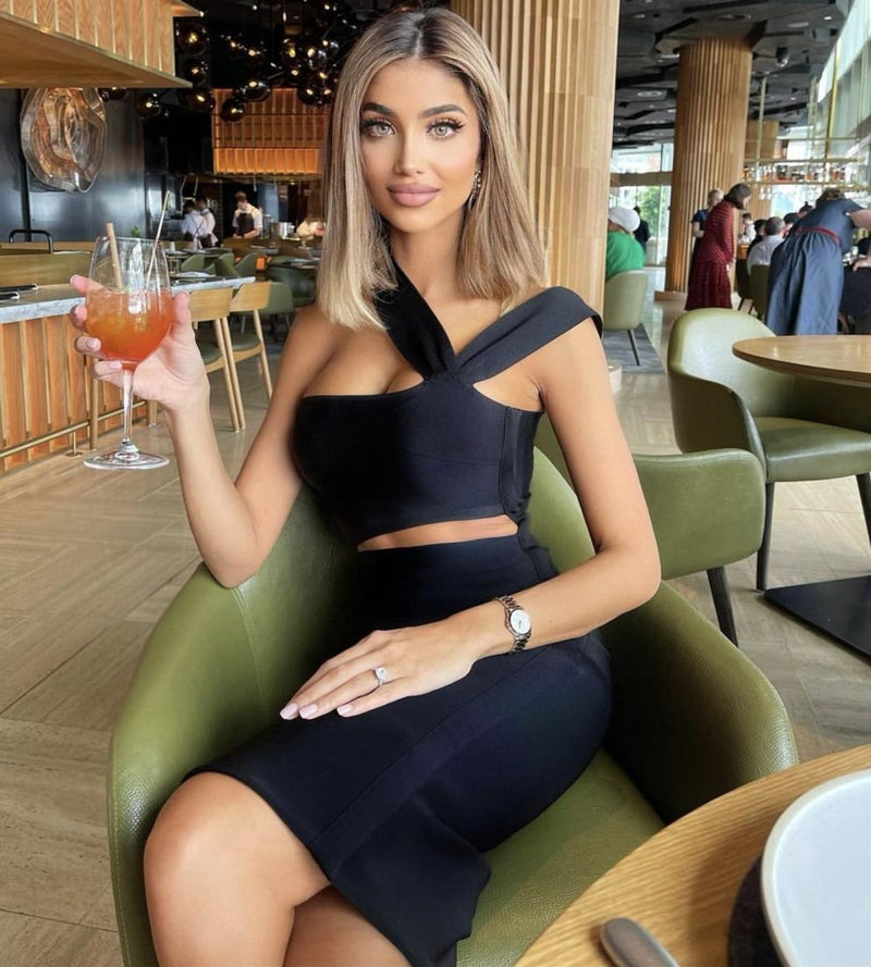 Sexy Oblique Shoulder Midriff Outfit Knee-length Skirt Cocktail Party Dress